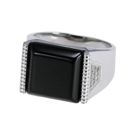 Black Square Natural Onyx Solid Sterling Silver Ring | Minimalist Style for Men | Turkey Vintage