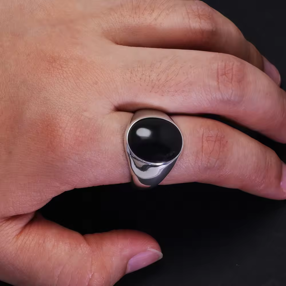 Sterling Silver Ring for Men Oval Stone Natural Agate | Turkish Vintage