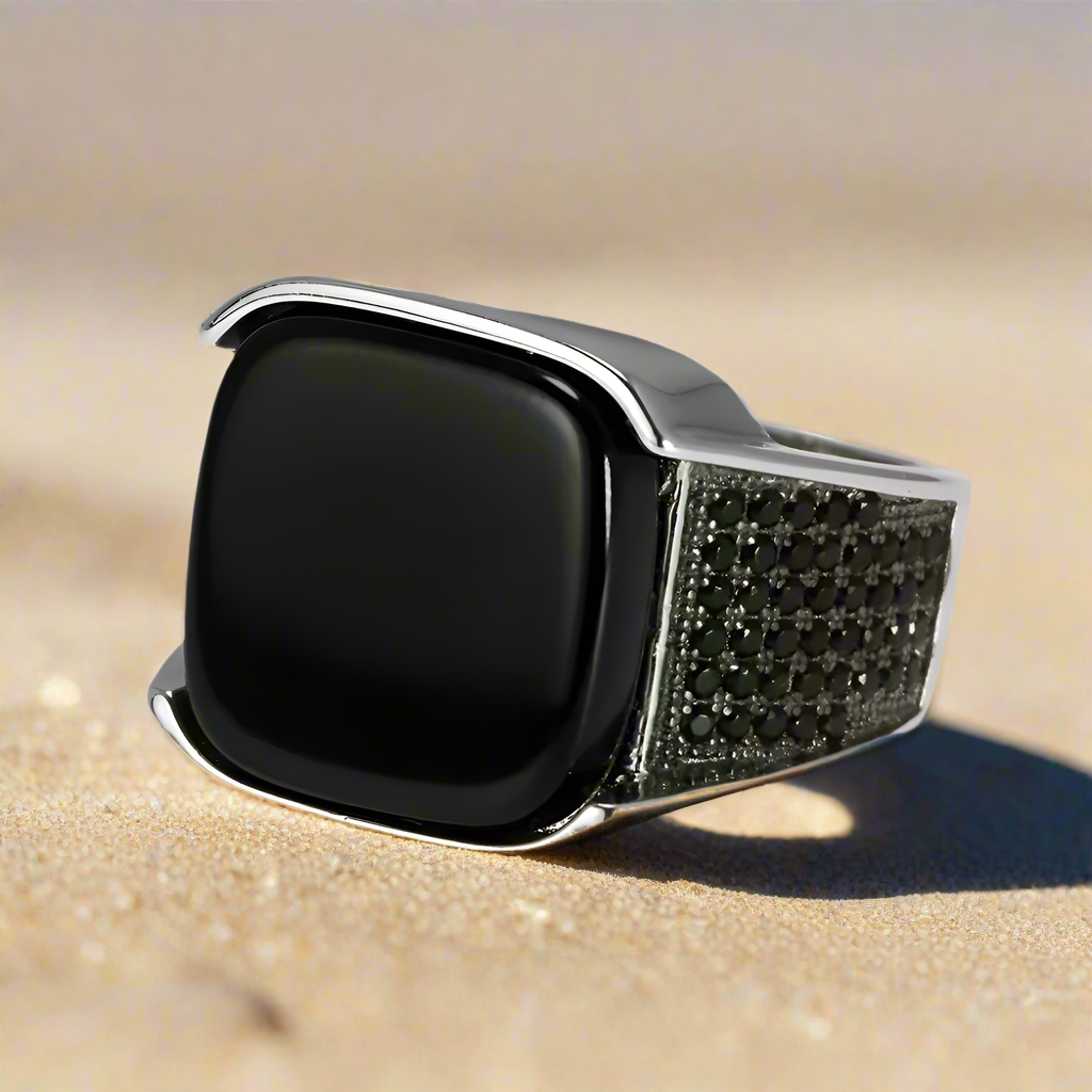 Black Onyx Signet Ring with Textured Band | Sterling Silver Vintage Style for Men